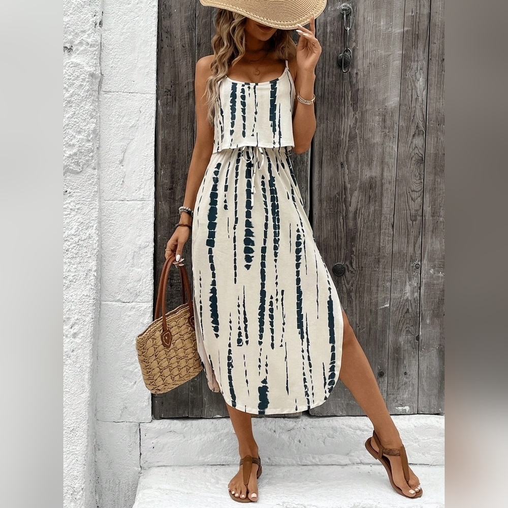 Women's Summer Skin-Friendly Tie-Dye Spaghetti Strap Dress With Waist Belt - Picture 4 of 6